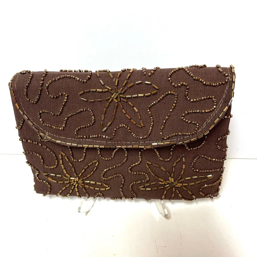 Vintage brown beaded clutch bag - Picture 1 of 5